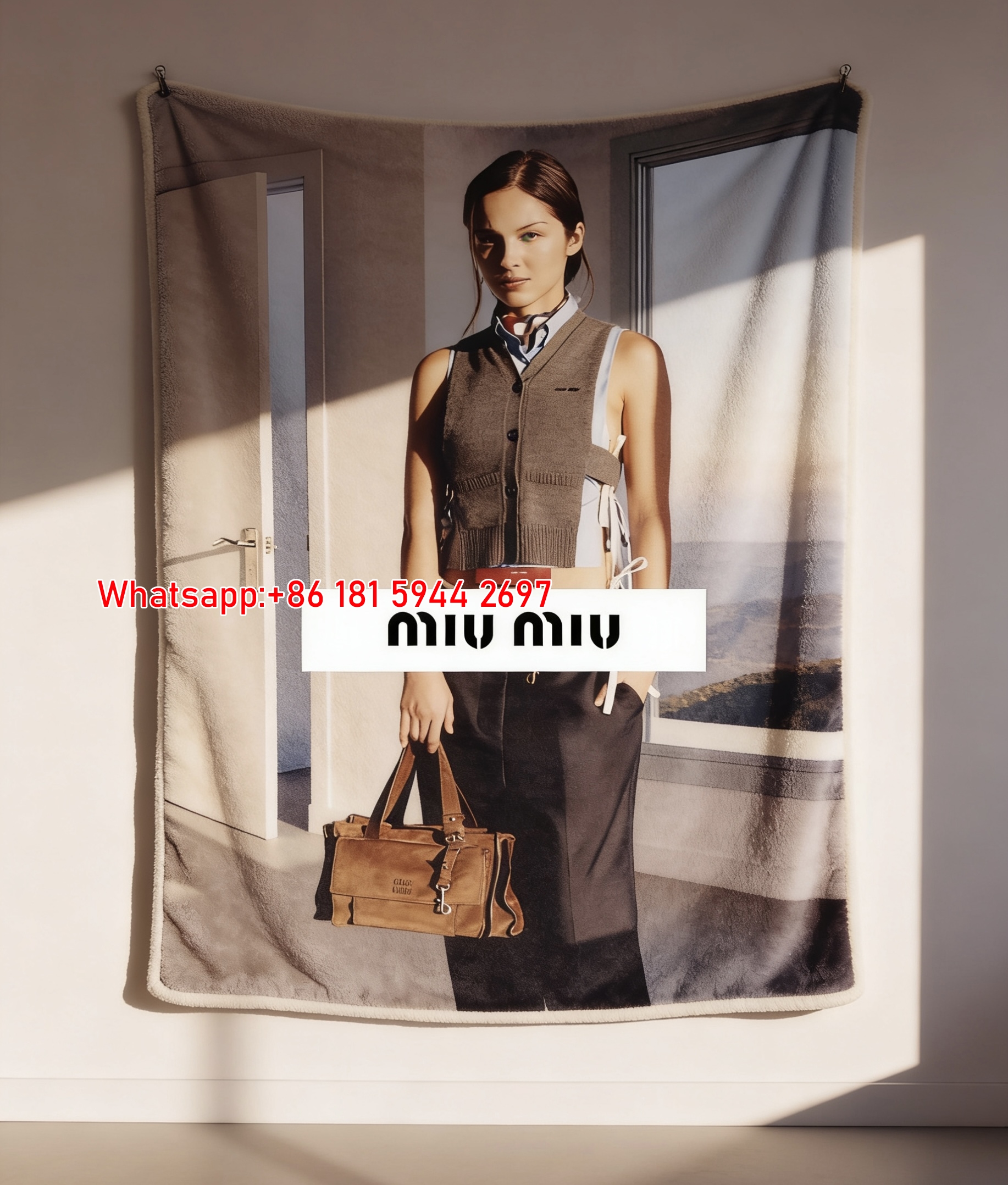 Miu Miu Suede Bag & Knit Vest Print Flannel Sofa Throw Blanket IMG_0642
